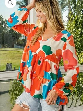 Bibi Floral Woven Tiered V Neck Top Size Medium